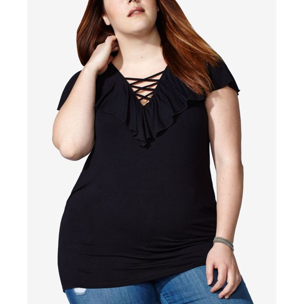 Mblm By Tess Holliday Trendy Plus Size Ruffle Lace Up Top